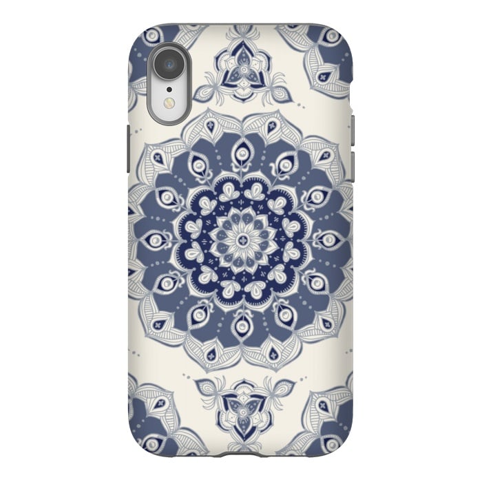 iPhone Xr StrongFit Grey Blue Monochrome Floral Mandala by Micklyn Le Feuvre