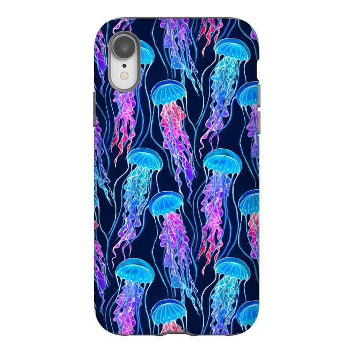 iPhone Xr StrongFit Luminescent Rainbow Jellyfish on Navy Blue by Micklyn Le Feuvre
