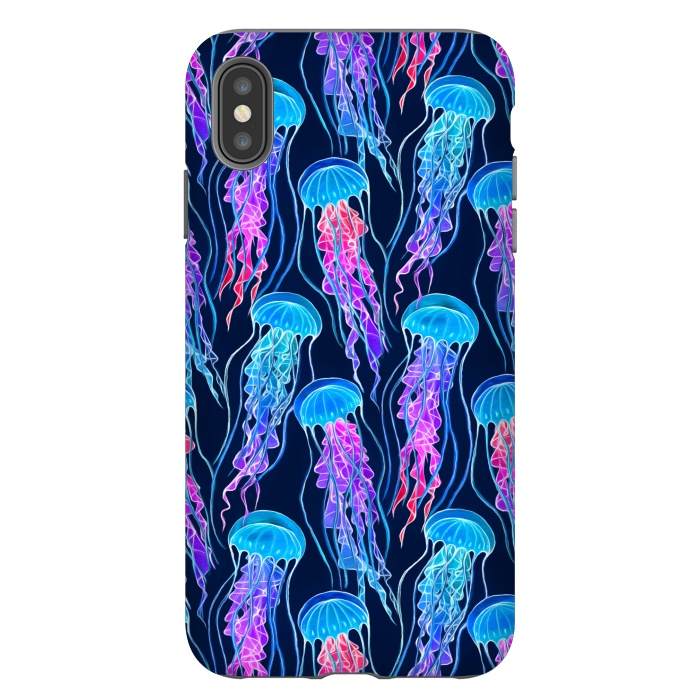 iPhone Xs Max StrongFit Luminescent Rainbow Jellyfish on Navy Blue by Micklyn Le Feuvre