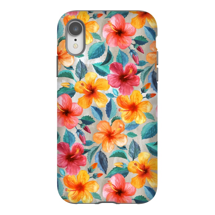 iPhone Xr StrongFit Little Tropical Hawaiian Hibiscus Blooms in Watercolor by Micklyn Le Feuvre