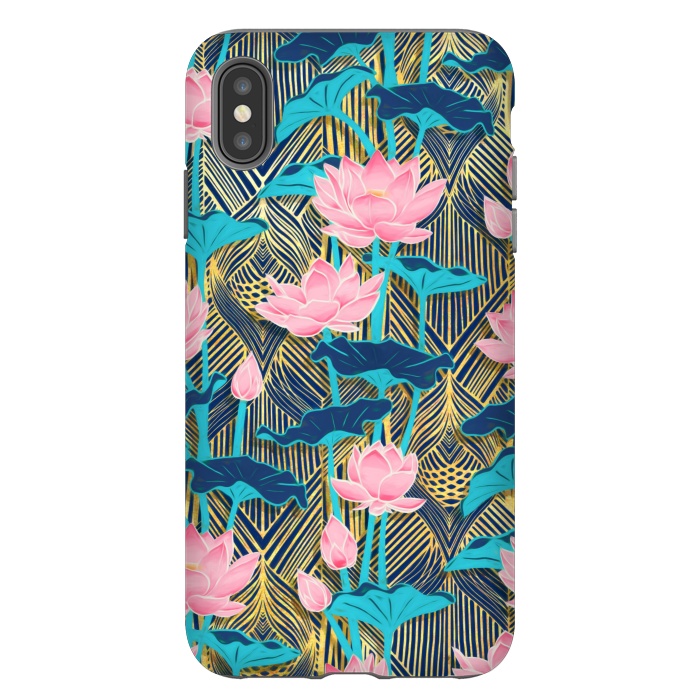 iPhone Xs Max StrongFit Art Deco Lotus Flowers in Pink & Navy by Micklyn Le Feuvre