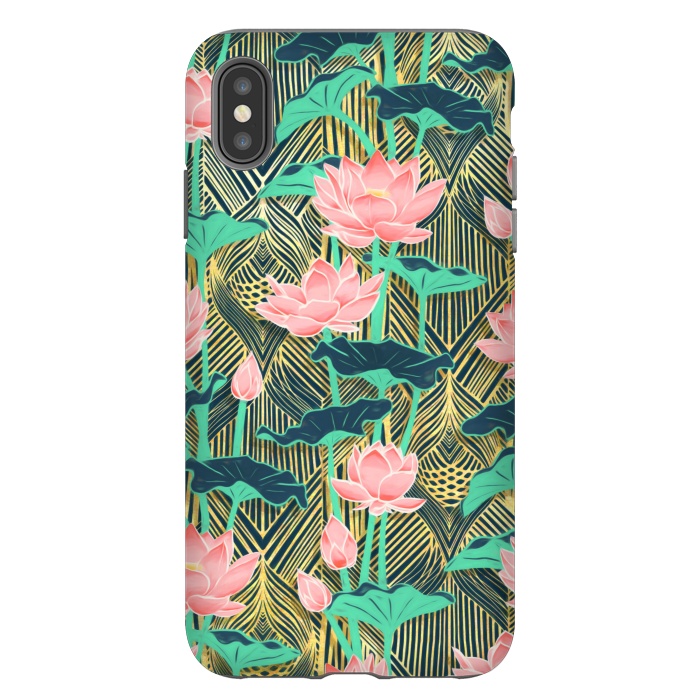 iPhone Xs Max StrongFit Art Deco Lotus Flowers in Peach & Emerald by Micklyn Le Feuvre