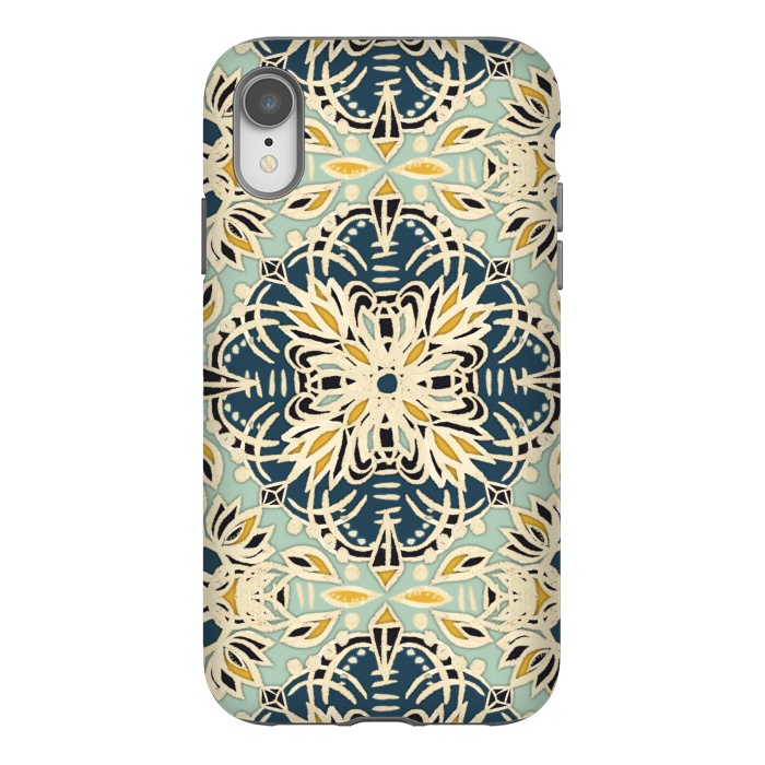 iPhone Xr StrongFit Protea Pattern in Deep Teal, Cream, Sage Green & Yellow Ocher by Micklyn Le Feuvre