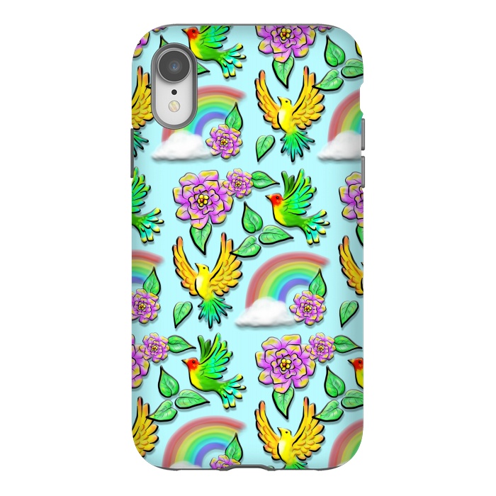 iPhone Xr StrongFit Birds Flowers and Rainbows Doodle Pattern by BluedarkArt