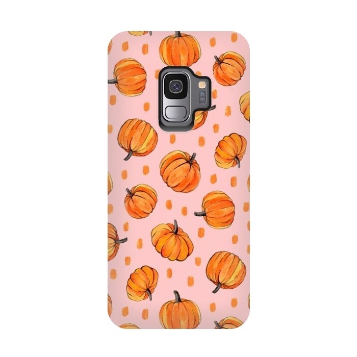 Galaxy S9 StrongFit Little Gouache Pumpkins with Dots on Pink by Micklyn Le Feuvre