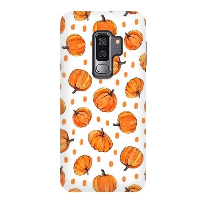 Galaxy S9 plus StrongFit Little Gouache Pumpkins with Dots on White by Micklyn Le Feuvre