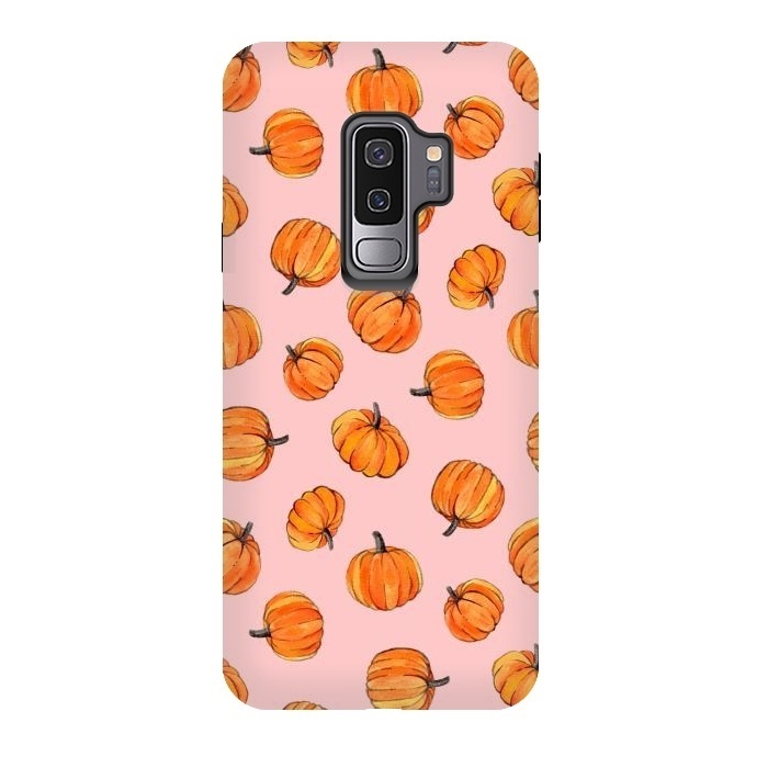 Galaxy S9 plus StrongFit Tiny Pumpkin Polka Dots on Pink by Micklyn Le Feuvre