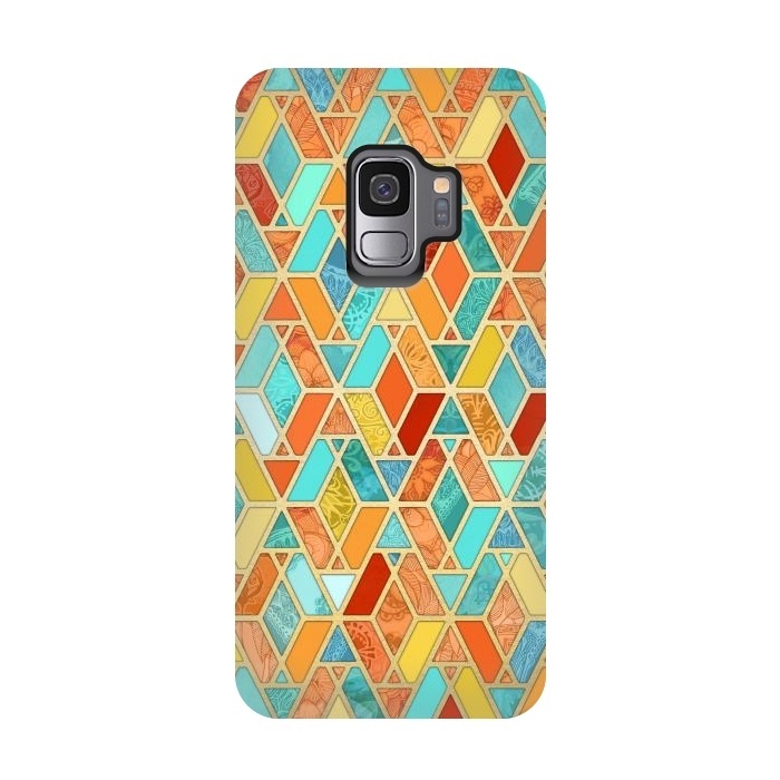 Galaxy S9 StrongFit Tangerine and Turquoise Geometric Fall Pattern by Micklyn Le Feuvre