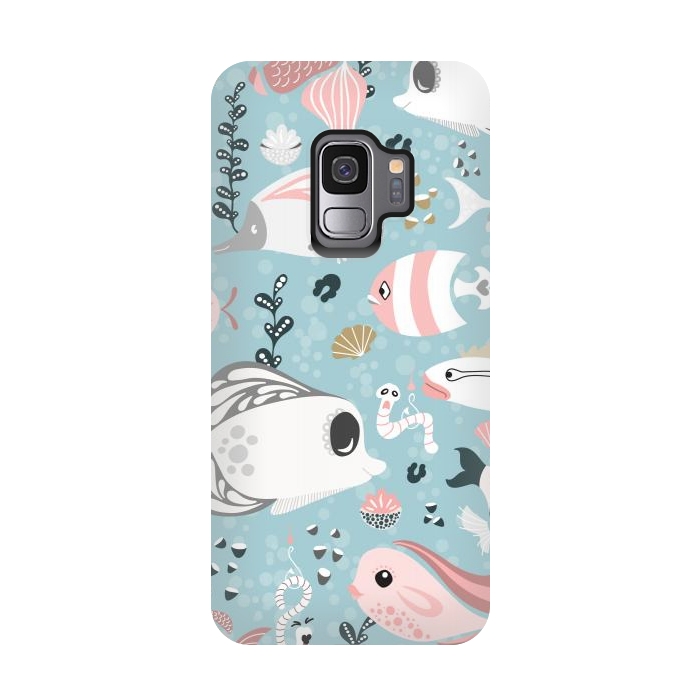 Galaxy S9 StrongFit Funny Fish in Pink and Grey by Paula Ohreen