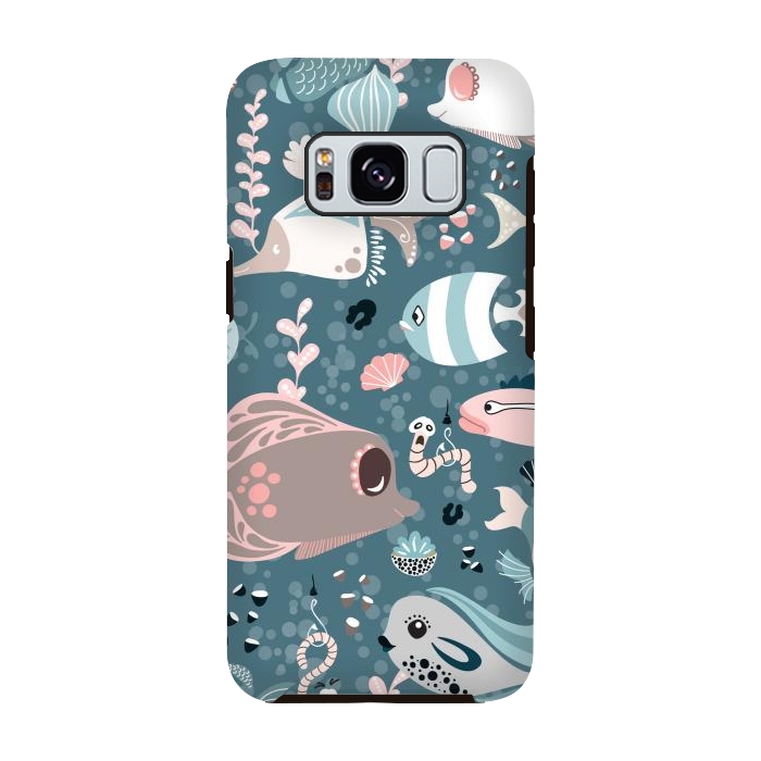 Galaxy S8 StrongFit Funny Fish in Blue and White by Paula Ohreen