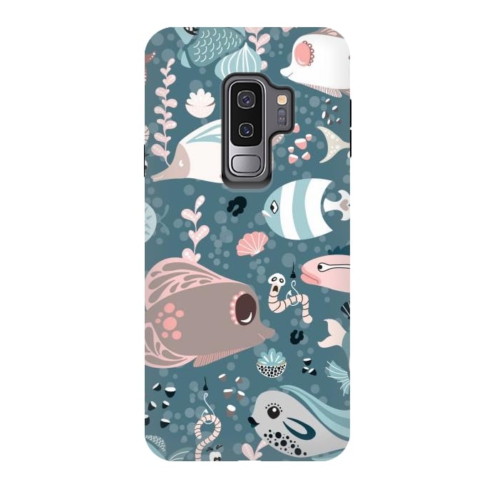 Galaxy S9 plus StrongFit Funny Fish in Blue and White by Paula Ohreen
