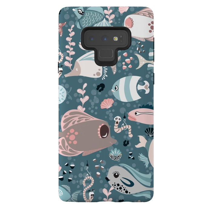 Galaxy Note 9 StrongFit Funny Fish in Blue and White by Paula Ohreen