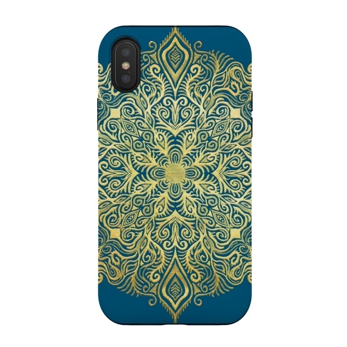 iPhone Xs / X StrongFit Ornate Gold Mandala on Deep Blue by Micklyn Le Feuvre