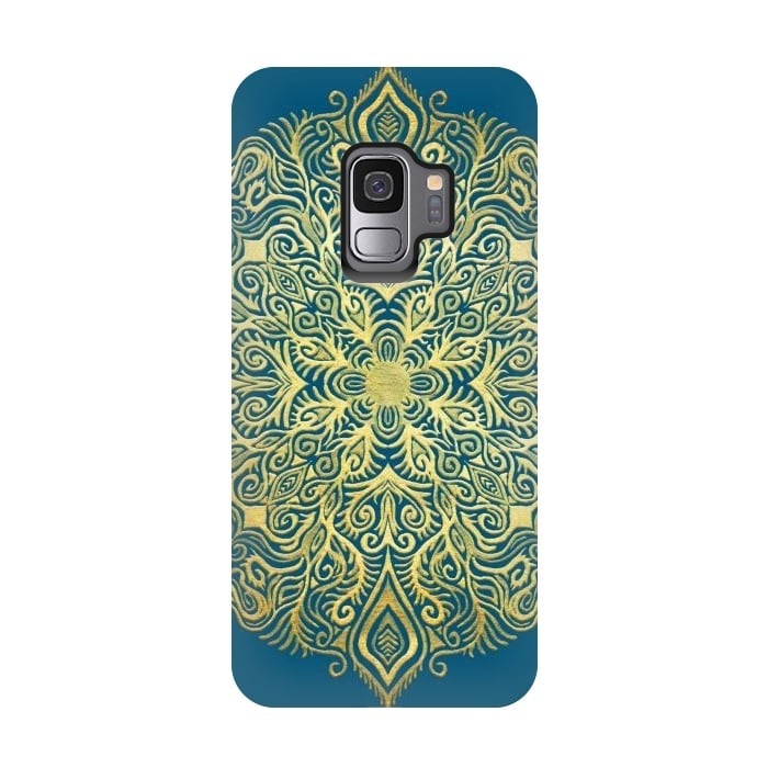 Galaxy S9 StrongFit Ornate Gold Mandala on Deep Blue by Micklyn Le Feuvre
