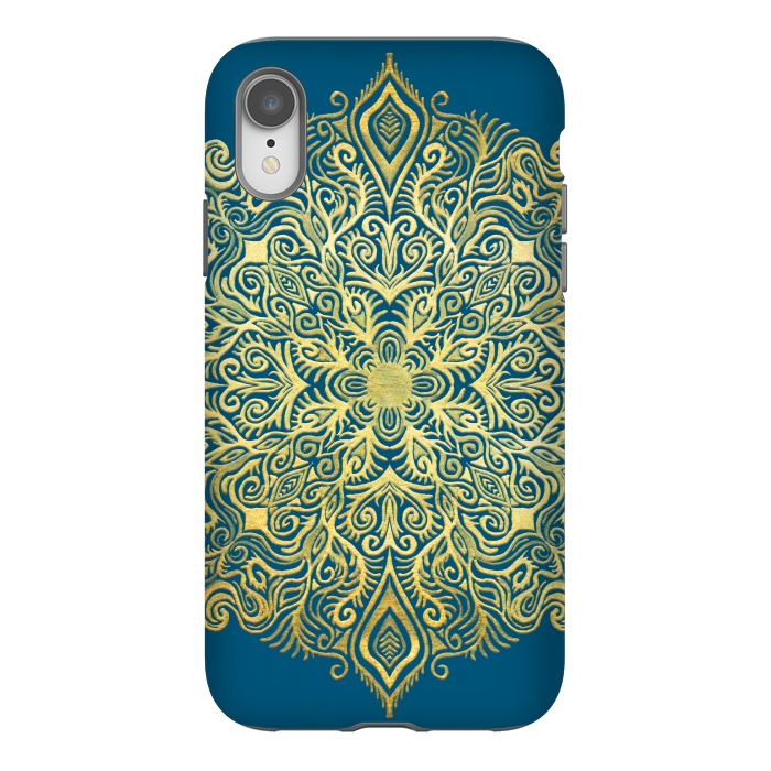 iPhone Xr StrongFit Ornate Gold Mandala on Deep Blue by Micklyn Le Feuvre