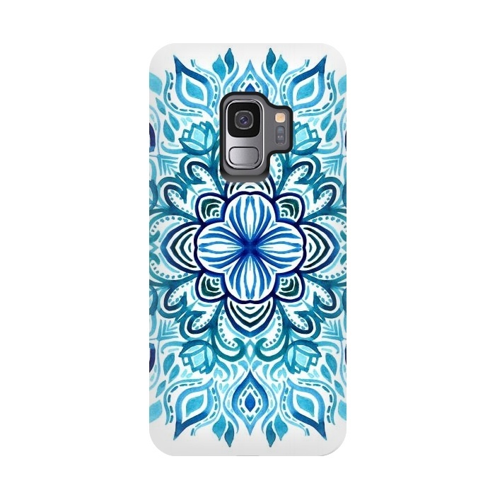 Galaxy S9 StrongFit Watercolor Blues Lotus Mandala by Micklyn Le Feuvre