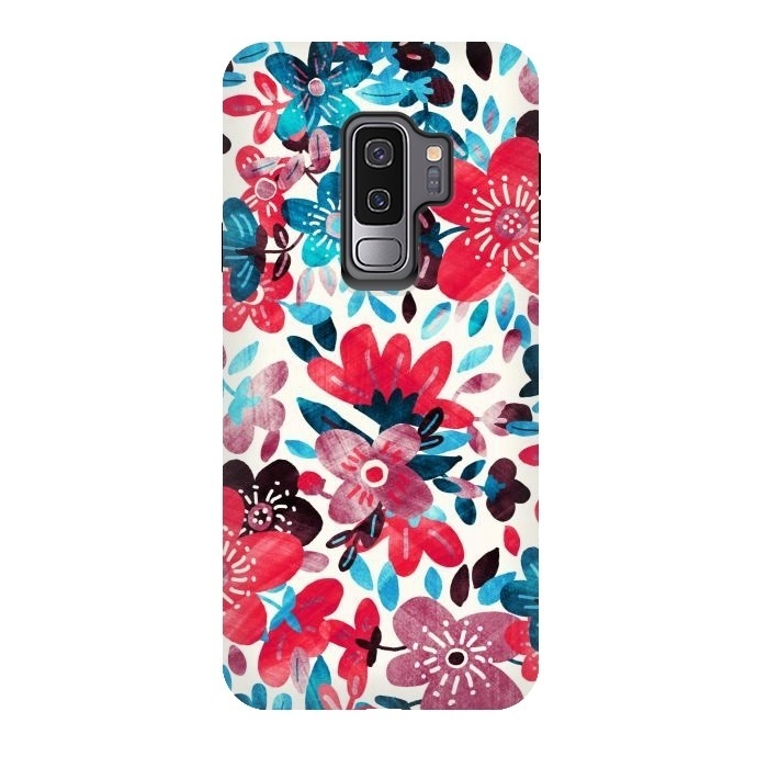 Galaxy S9 plus StrongFit Happy Red & Blue Floral Collage  by Micklyn Le Feuvre