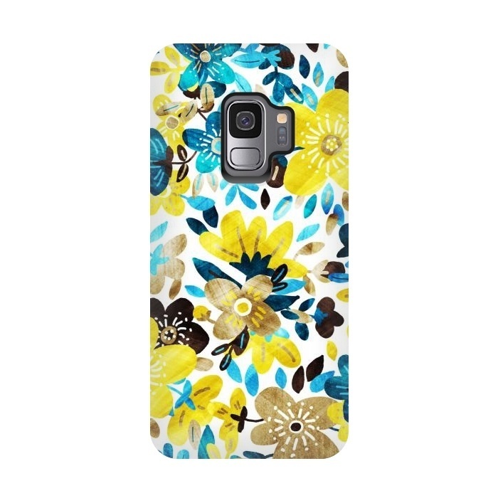 Galaxy S9 StrongFit Happy Yellow & Turquoise Floral Collage by Micklyn Le Feuvre