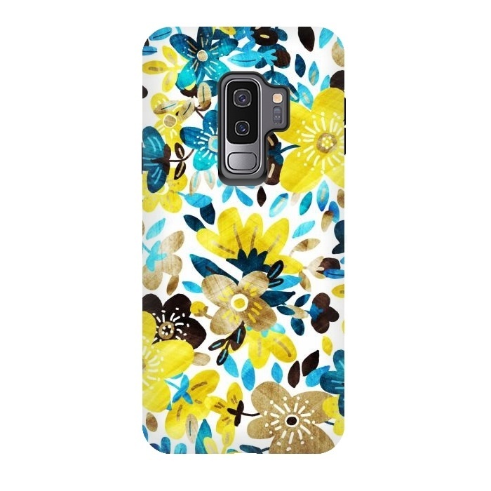 Galaxy S9 plus StrongFit Happy Yellow & Turquoise Floral Collage by Micklyn Le Feuvre