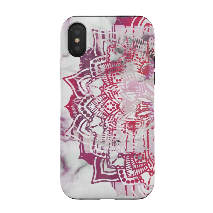 iPhone Xs / X StrongFit Red pink mandala digital painting on white marble by Oana 
