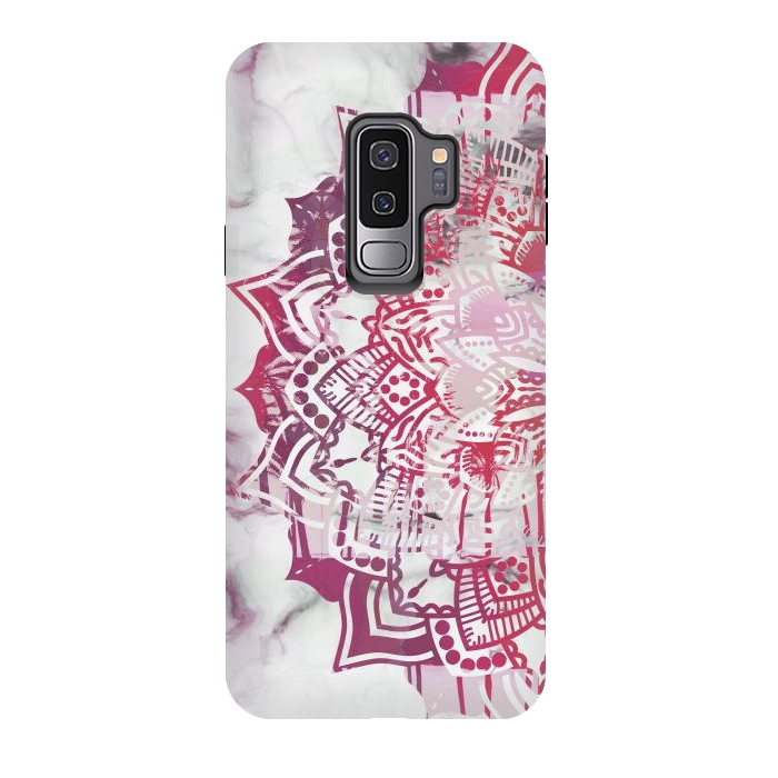 Galaxy S9 plus StrongFit Red pink mandala digital painting on white marble by Oana 
