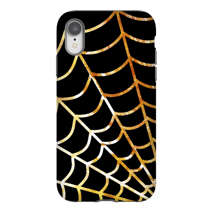 iPhone Xr StrongFit Golden spider web on black - line art Halloween illustration by Oana 