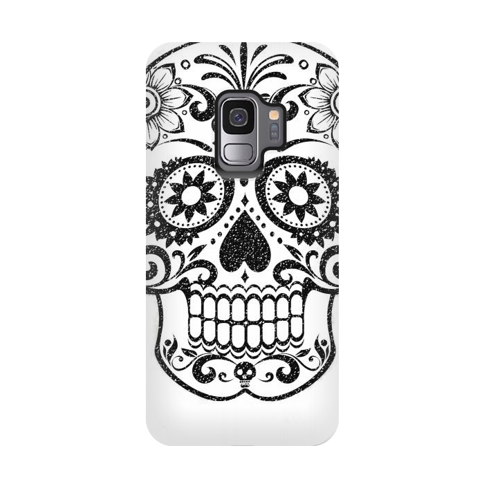 Galaxy S9 StrongFit Day of the Dead floral black glitter sugar skull by Oana 