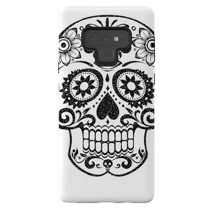Galaxy Note 9 StrongFit Day of the Dead floral black glitter sugar skull by Oana 