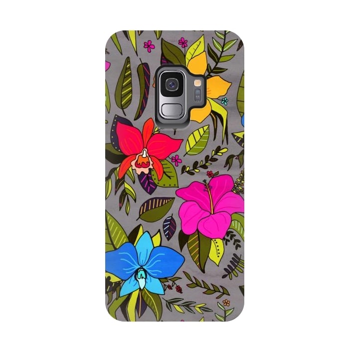 Galaxy S9 StrongFit Tropical Floral On Grey  by Tigatiga