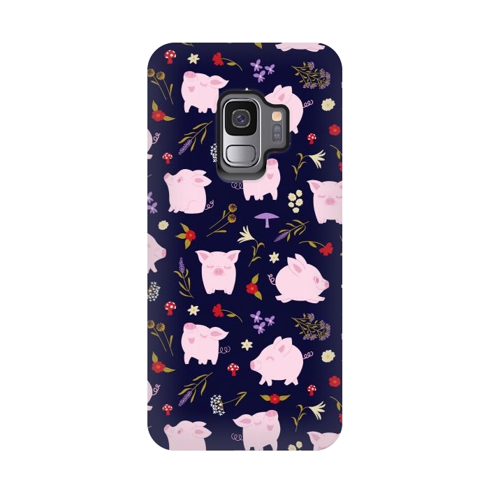 Galaxy S9 StrongFit Cute Pigs Dancing Around Floral Motif by Portia Monberg