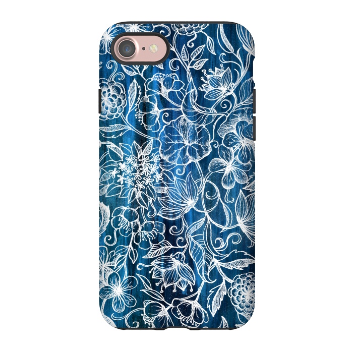 iPhone 7 StrongFit In Her Garden - white floral drawing on blue by Micklyn Le Feuvre