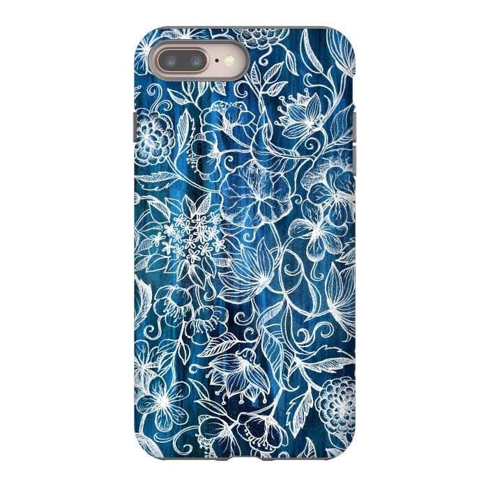 iPhone 7 plus StrongFit In Her Garden - white floral drawing on blue by Micklyn Le Feuvre
