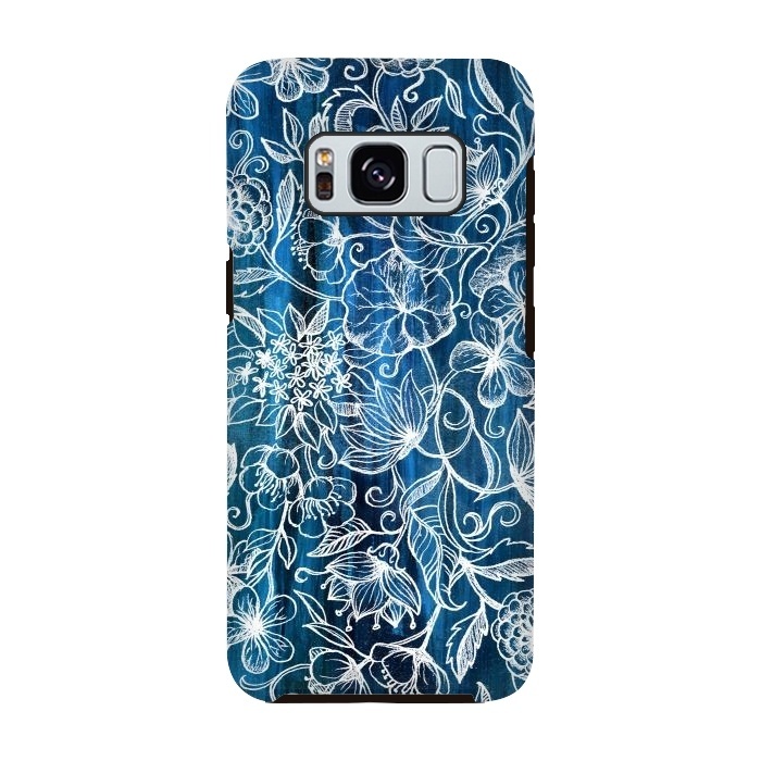 Galaxy S8 StrongFit In Her Garden - white floral drawing on blue by Micklyn Le Feuvre
