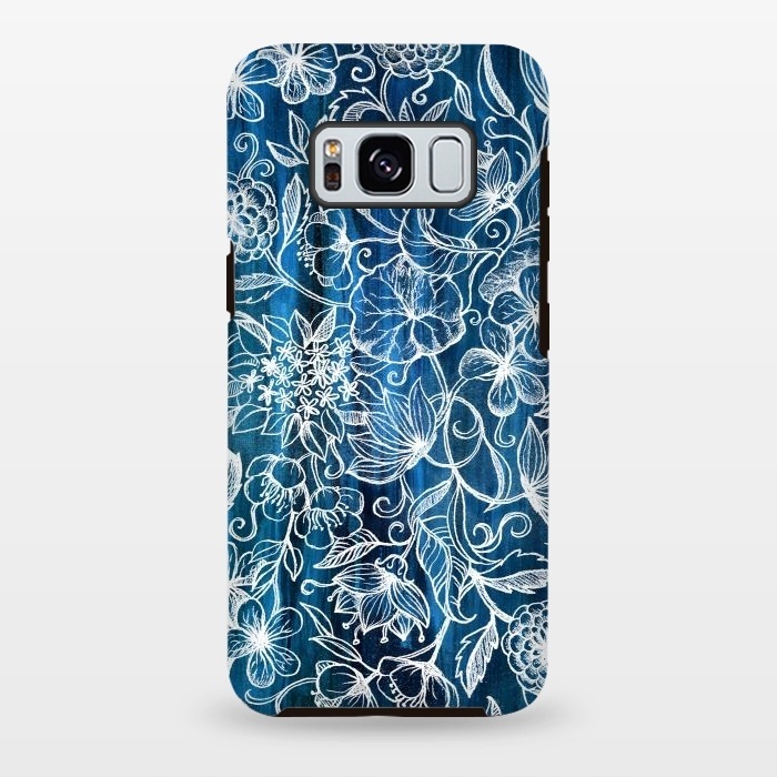 Galaxy S8 plus StrongFit In Her Garden - white floral drawing on blue by Micklyn Le Feuvre