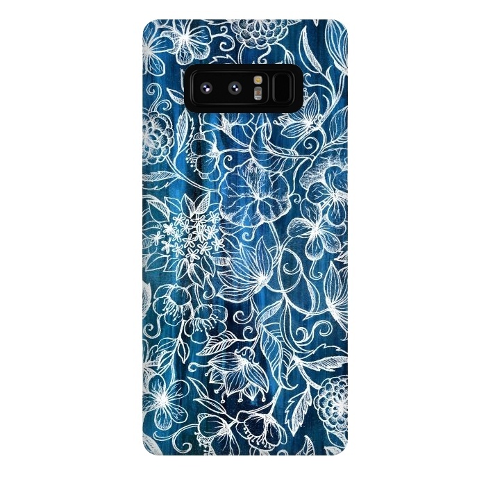 Galaxy Note 8 StrongFit In Her Garden - white floral drawing on blue by Micklyn Le Feuvre