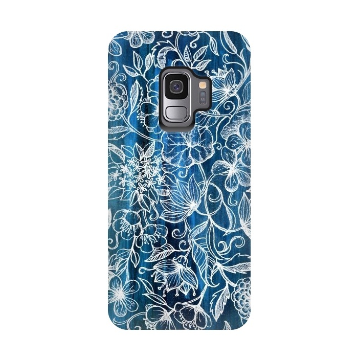 Galaxy S9 StrongFit In Her Garden - white floral drawing on blue by Micklyn Le Feuvre