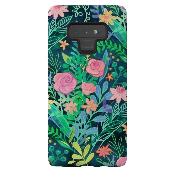 Galaxy Note 9 StrongFit Bright Floral Posie on Dark Green by Micklyn Le Feuvre