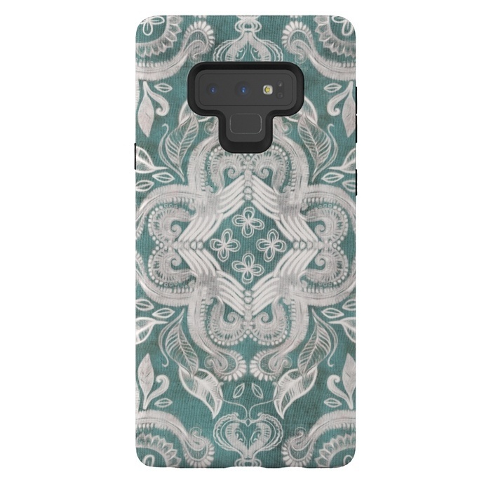 Galaxy Note 9 StrongFit Dirty Denim Boho Pattern in Teal and Grey by Micklyn Le Feuvre