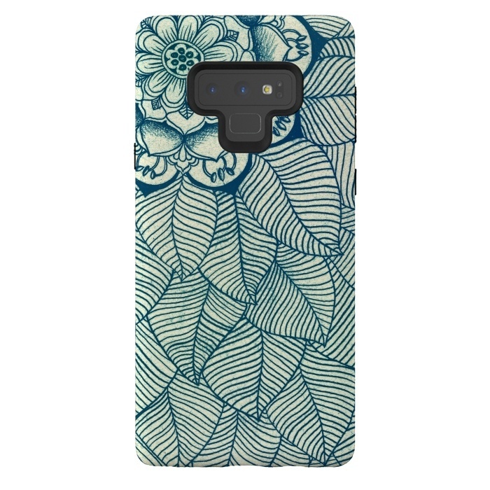 Galaxy Note 9 StrongFit Emerald Green, Navy & Cream Floral & Leaf doodle by Micklyn Le Feuvre