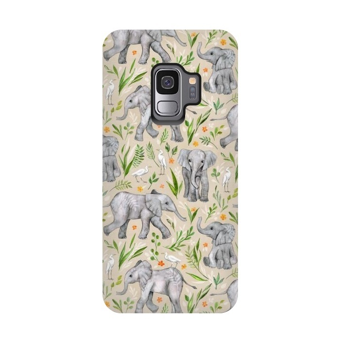 Galaxy S9 StrongFit Little Watercolor Elephants and Egrets on Neutral Cream by Micklyn Le Feuvre