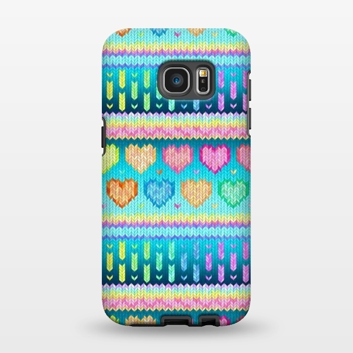 Galaxy S7 EDGE StrongFit Cozy Knit with Rainbow Hearts on Teal Blue by Micklyn Le Feuvre