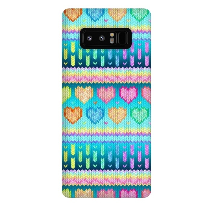 Galaxy Note 8 StrongFit Cozy Knit with Rainbow Hearts on Teal Blue by Micklyn Le Feuvre