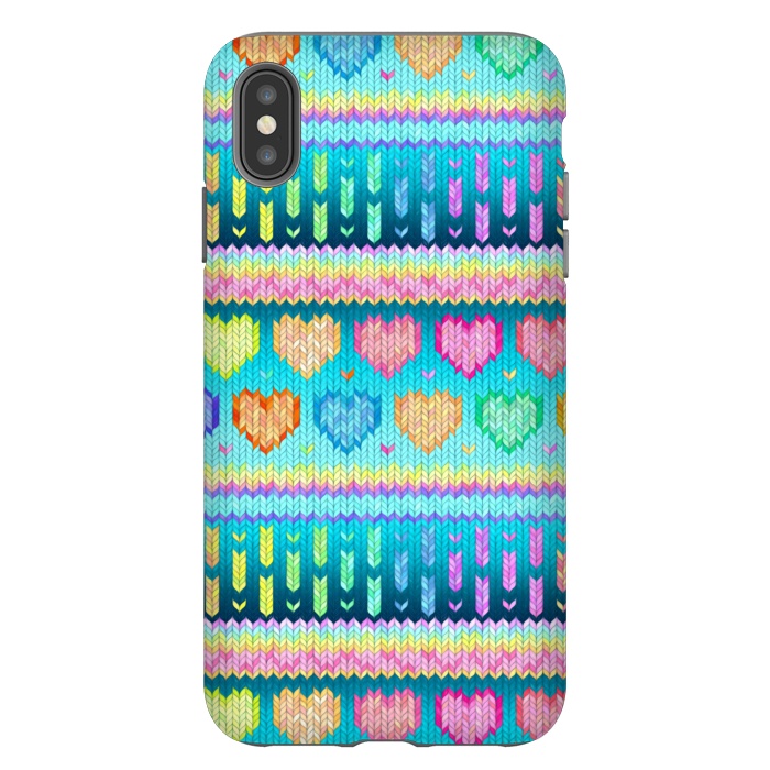 iPhone Xs Max StrongFit Cozy Knit with Rainbow Hearts on Teal Blue by Micklyn Le Feuvre