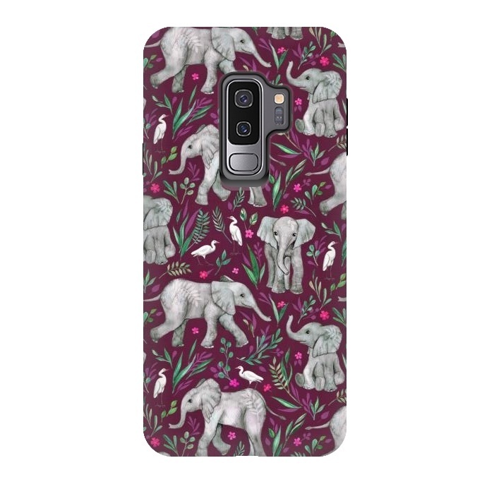 Galaxy S9 plus StrongFit Little Watercolor Elephants and Egrets on Burgundy Red by Micklyn Le Feuvre