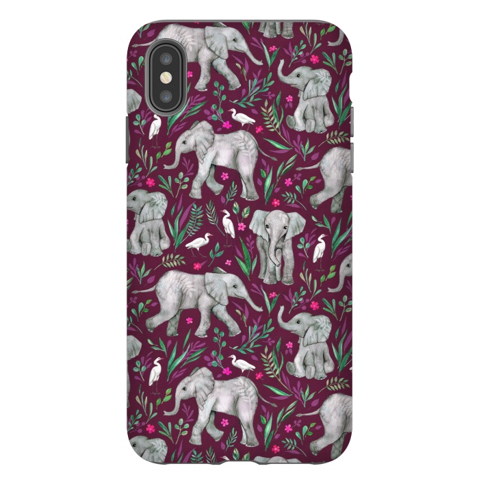 iPhone Xs Max StrongFit Little Watercolor Elephants and Egrets on Burgundy Red by Micklyn Le Feuvre