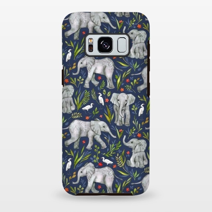 Galaxy S8 plus StrongFit Little Watercolor Elephants and Egrets on Navy Blue by Micklyn Le Feuvre