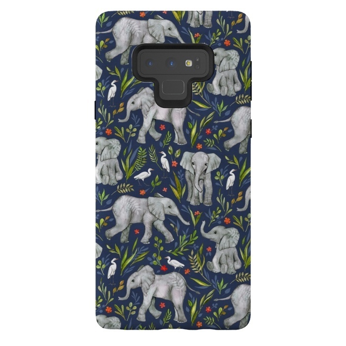 Galaxy Note 9 StrongFit Little Watercolor Elephants and Egrets on Navy Blue by Micklyn Le Feuvre