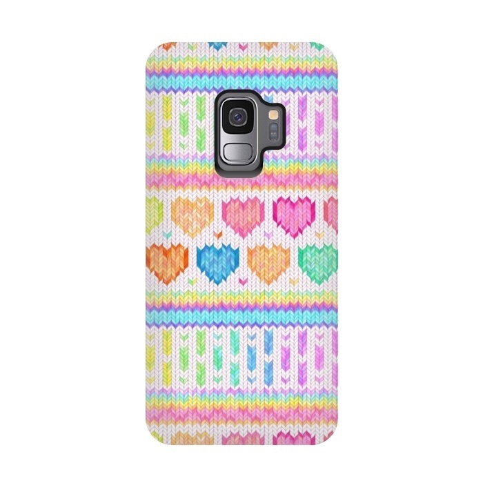 Galaxy S9 StrongFit Cozy Knit with Rainbow Hearts on Off White by Micklyn Le Feuvre