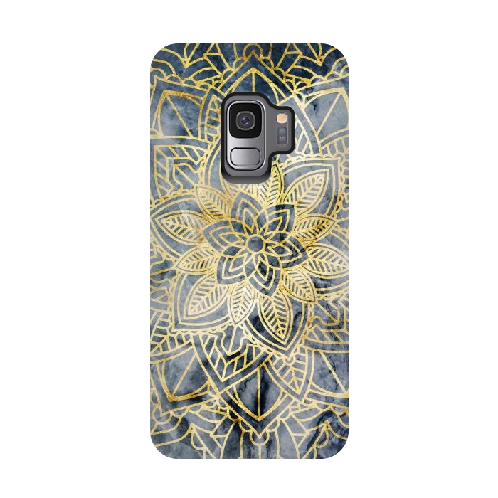 Galaxy S9 StrongFit Golden flower mandala on dark blue marble by Oana 