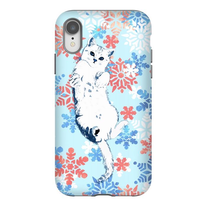 iPhone Xr StrongFit White cat and blue white gold snowflakes by Oana 